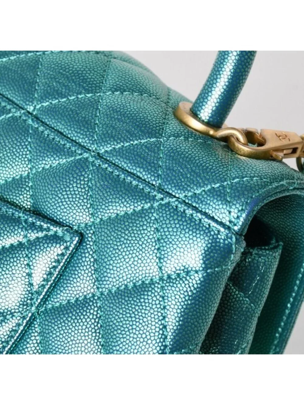 Chanel Coco Handle 29 2-Way Bag CC Logo Caviar Leather Metallic Green Gold